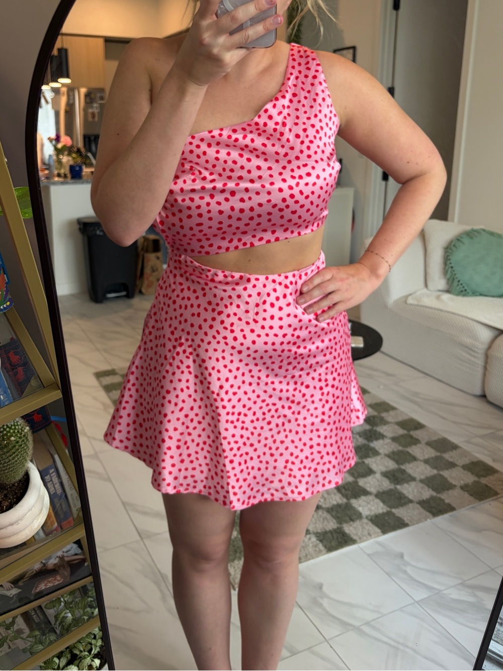 Pink Polka Dot Asymmetric Crop Top & Mini Skirt Set